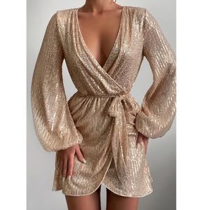 Champagne Wrap Belted Sequin Dress